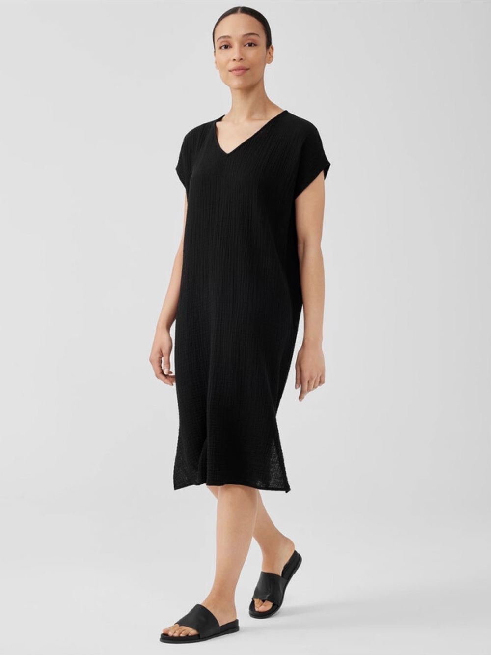 Eileen Fisher Organic Cotton Double Gauze V-Neck Dress Side Slits Large